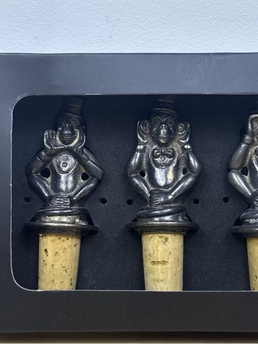 Metal Monkey Bottle Stopper Set in Antique Silver